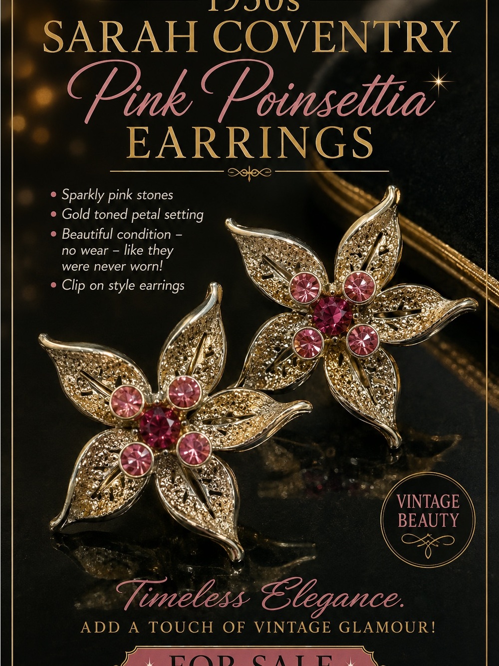 Sarah Coventry Gold-Tone Poinsettia Earrings with Pink Stones